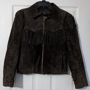 Vintage Branded Garments Girls Brown Suede Leather Fringe Jacket Size 10